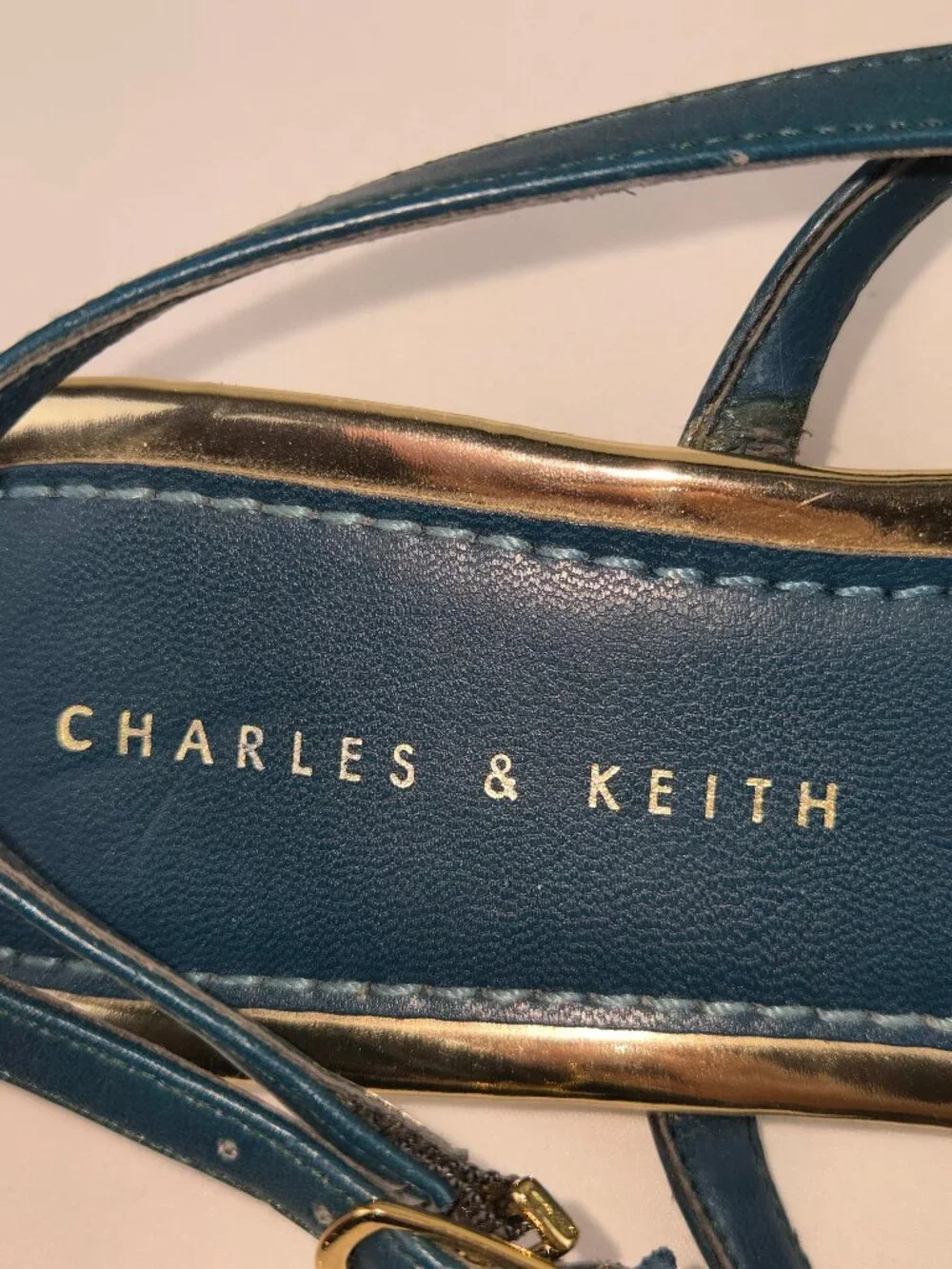Charles & Keith Size 37 (US 7) Teal Gold Accent Leather Sandal Ankle Strap